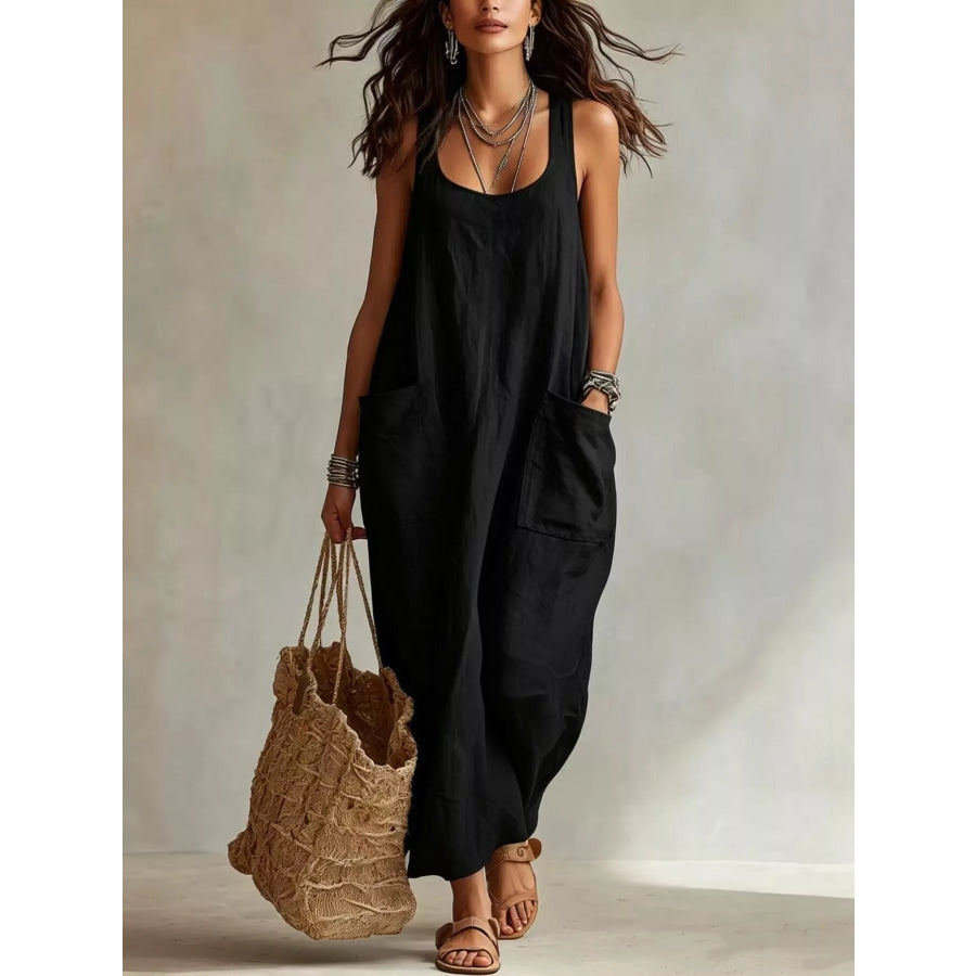 Scoop Neck Sleeveless Maxi Dress with Pockets Black / XS Apparel and Accessories
