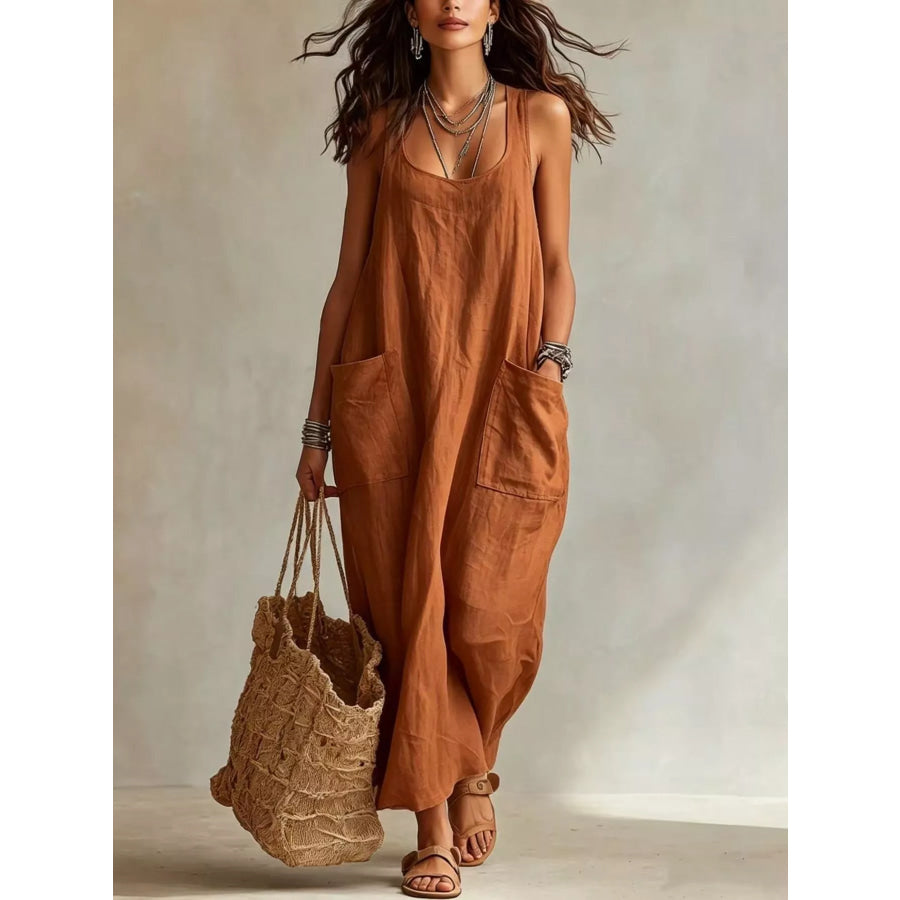 Scoop Neck Sleeveless Maxi Dress with Pockets Brown / XS Apparel and Accessories