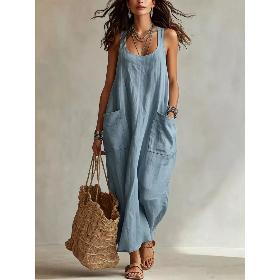 Scoop Neck Sleeveless Maxi Dress with Pockets Light Blue / XS Apparel and Accessories