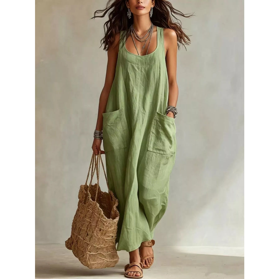Scoop Neck Sleeveless Maxi Dress with Pockets Light Green / XS Apparel and Accessories