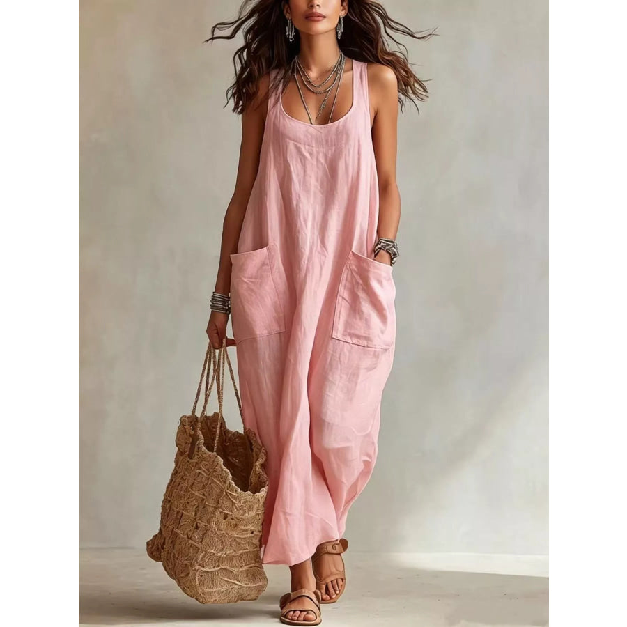 Scoop Neck Sleeveless Maxi Dress with Pockets Pink / XS Apparel and Accessories