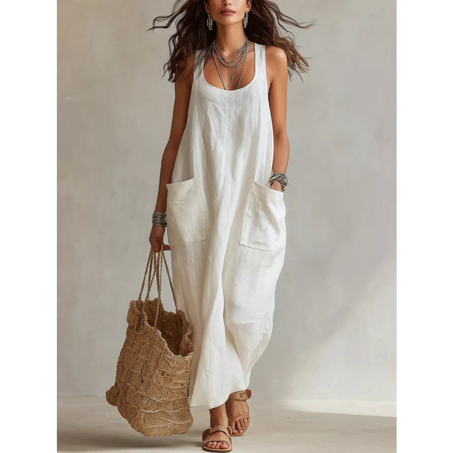 Scoop Neck Sleeveless Maxi Dress with Pockets White / XS Apparel and Accessories