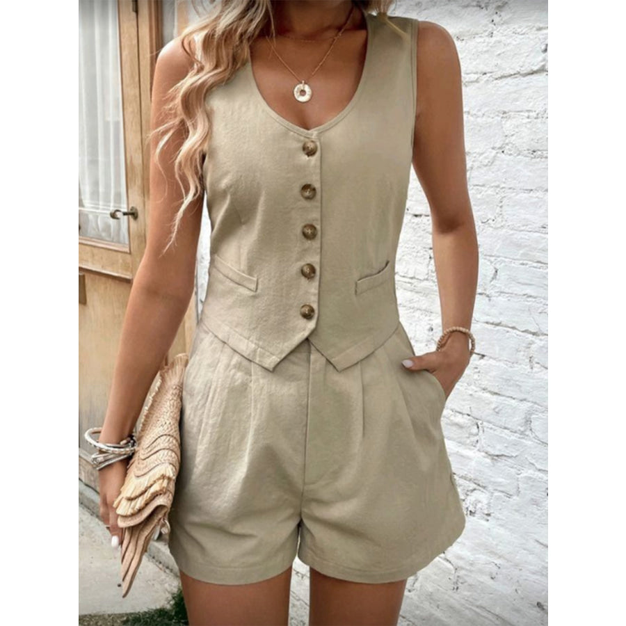 Scoop Neck Sleeveless Top and Shorts Set Khaki / S Apparel and Accessories