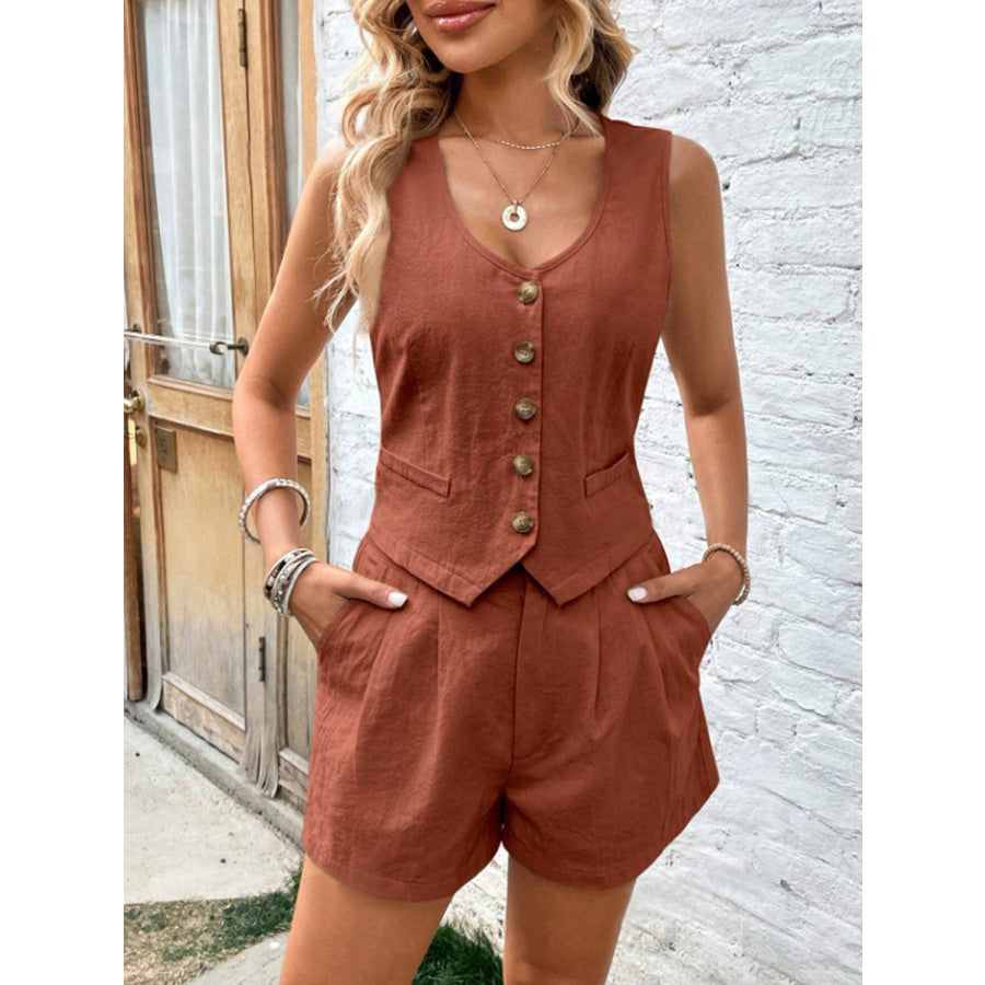 Scoop Neck Sleeveless Top and Shorts Set Ochre / S Apparel and Accessories