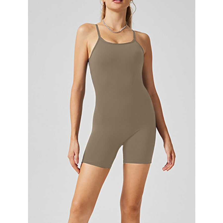 Scoop Neck Spaghetti Strap Active Romper Khaki / XS Apparel and Accessories