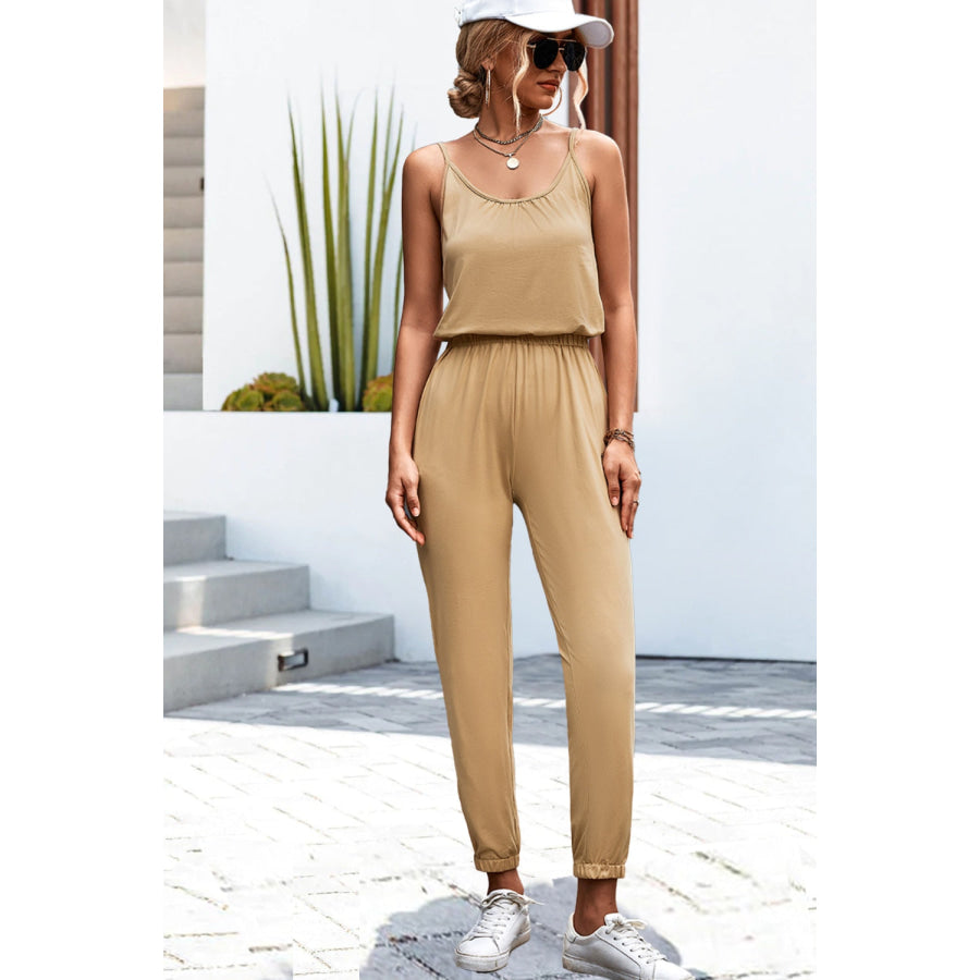 Scoop Neck Spaghetti Strap Jumpsuit Camel / S Apparel and Accessories