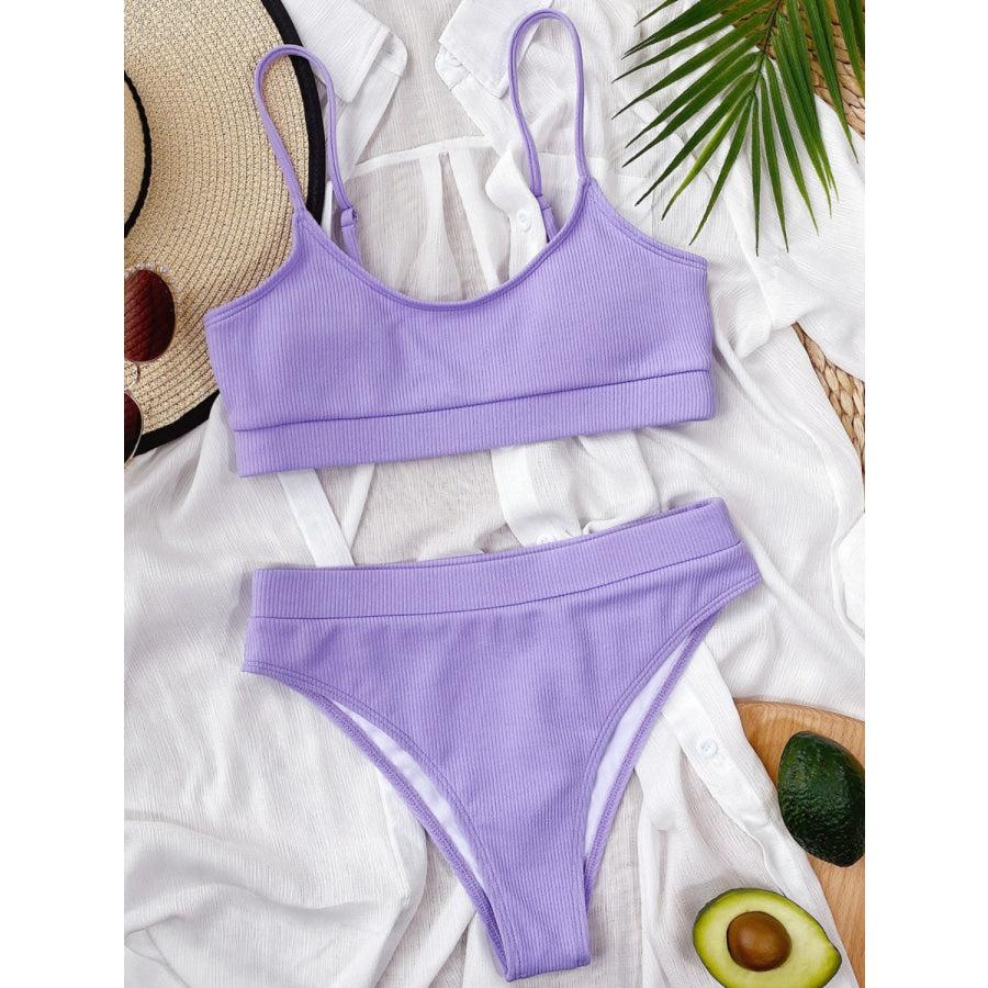 Scoop Neck Spaghetti Strap Two-Piece Swim Set Lavender / S Apparel and Accessories