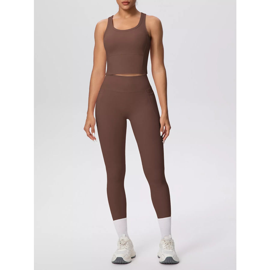 Scoop Neck Tank and High-Waisted Leggings Active Set Brown / S Apparel and Accessories