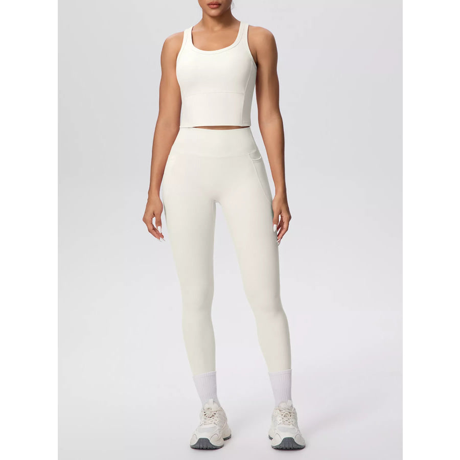 Scoop Neck Tank and High-Waisted Leggings Active Set Cream / S Apparel and Accessories