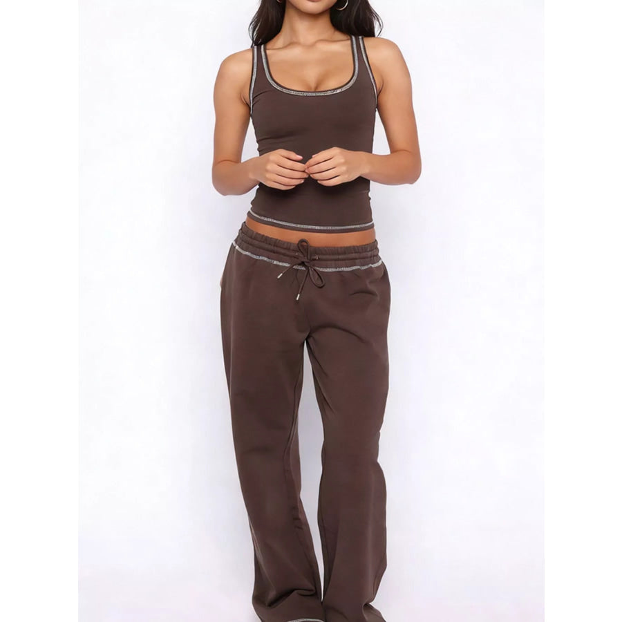 Scoop Neck Tank Top and Drawstring Pants Set Brown / S Apparel and Accessories