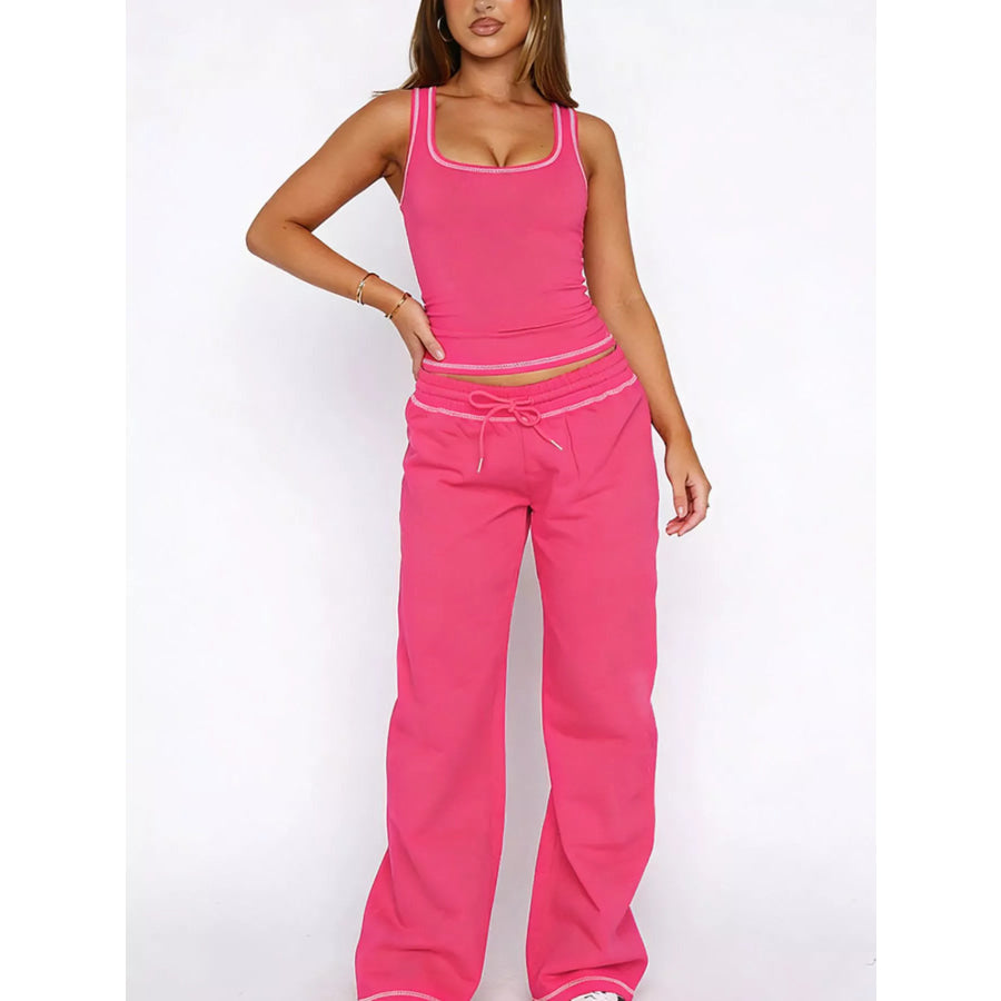 Scoop Neck Tank Top and Drawstring Pants Set Fuchsia Pink / S Apparel and Accessories