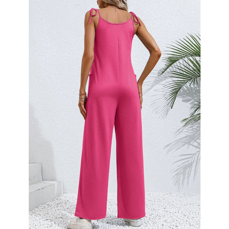 Scoop Neck Tie Shoulder Jumpsuit Hot Pink / S Apparel and Accessories