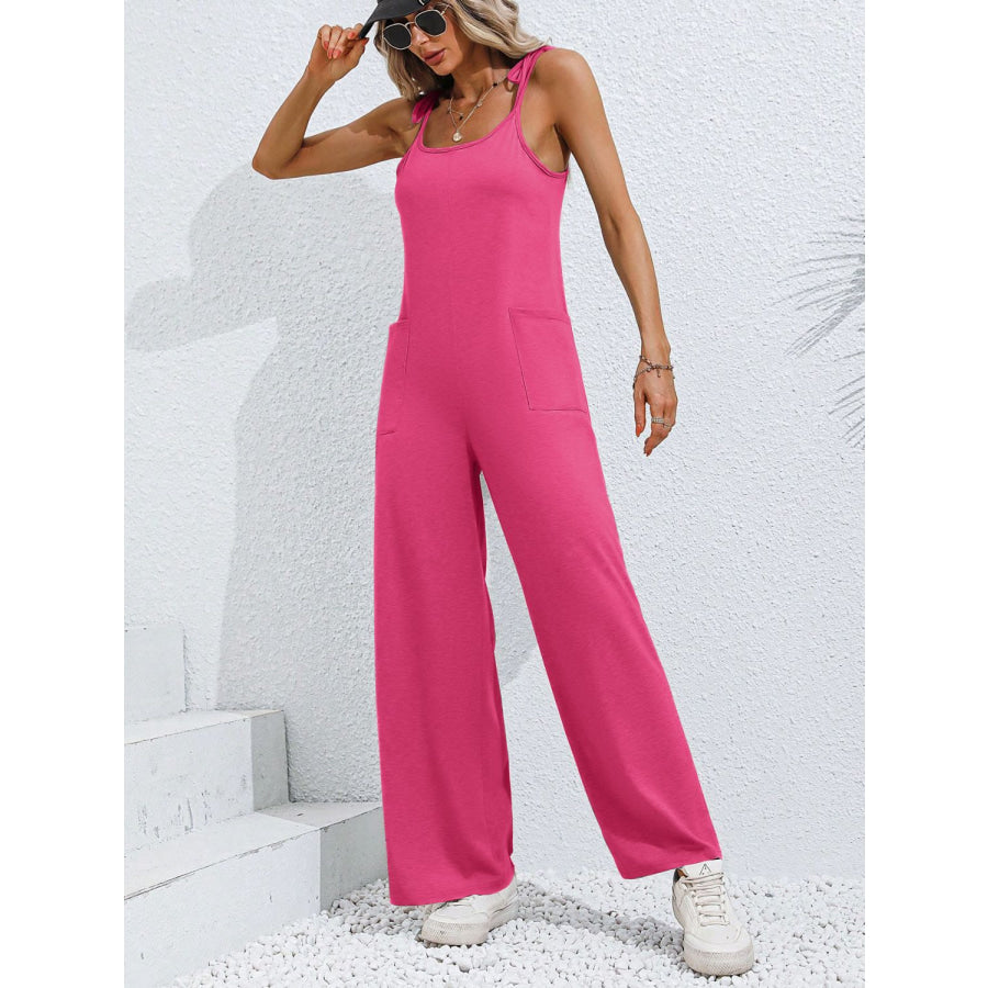 Scoop Neck Tie Shoulder Jumpsuit Apparel and Accessories