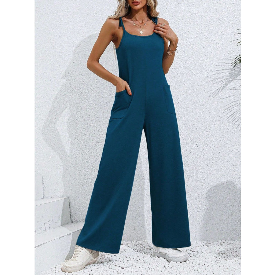 Scoop Neck Tie Shoulder Jumpsuit Apparel and Accessories