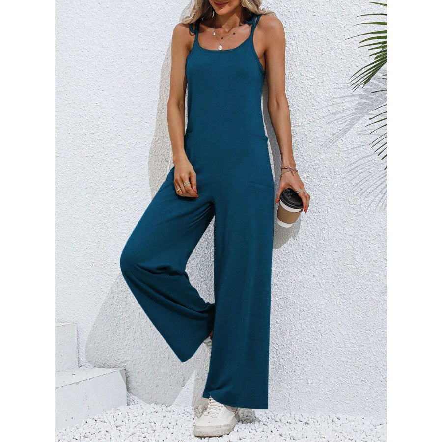 Scoop Neck Tie Shoulder Jumpsuit Apparel and Accessories
