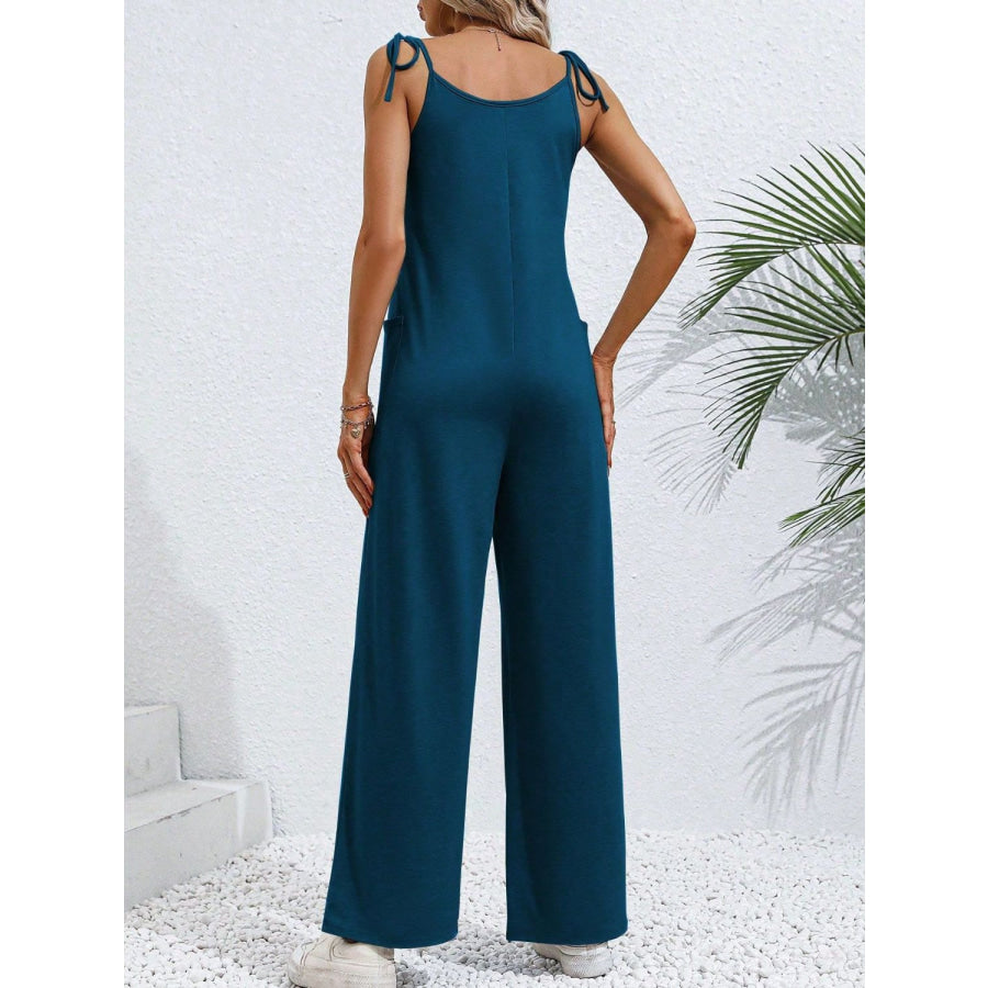 Scoop Neck Tie Shoulder Jumpsuit Apparel and Accessories