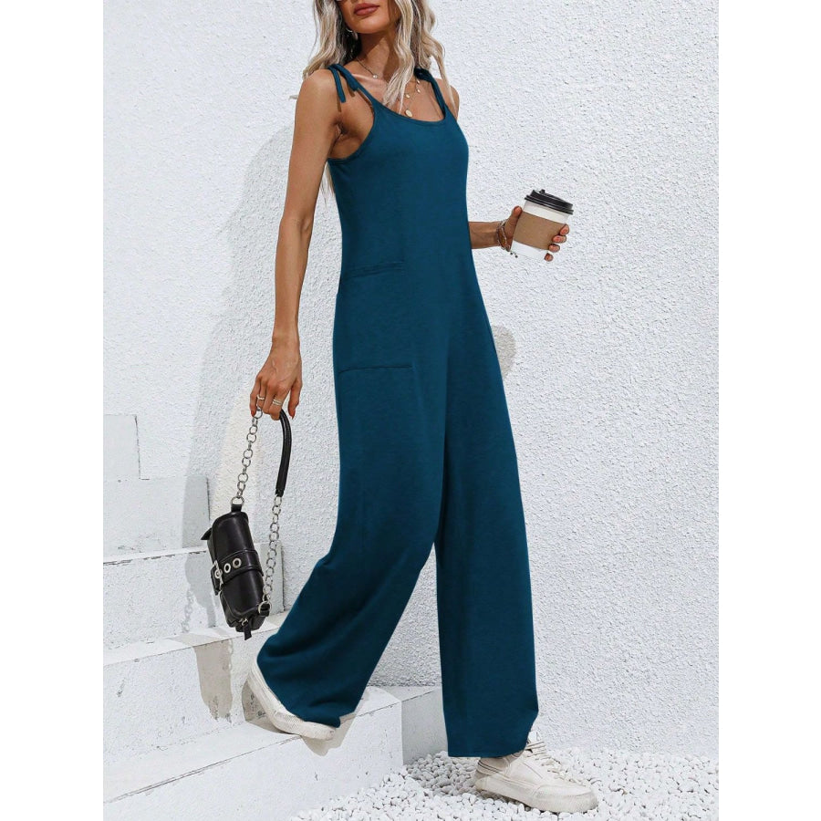 Scoop Neck Tie Shoulder Jumpsuit Deep Teal / S Apparel and Accessories