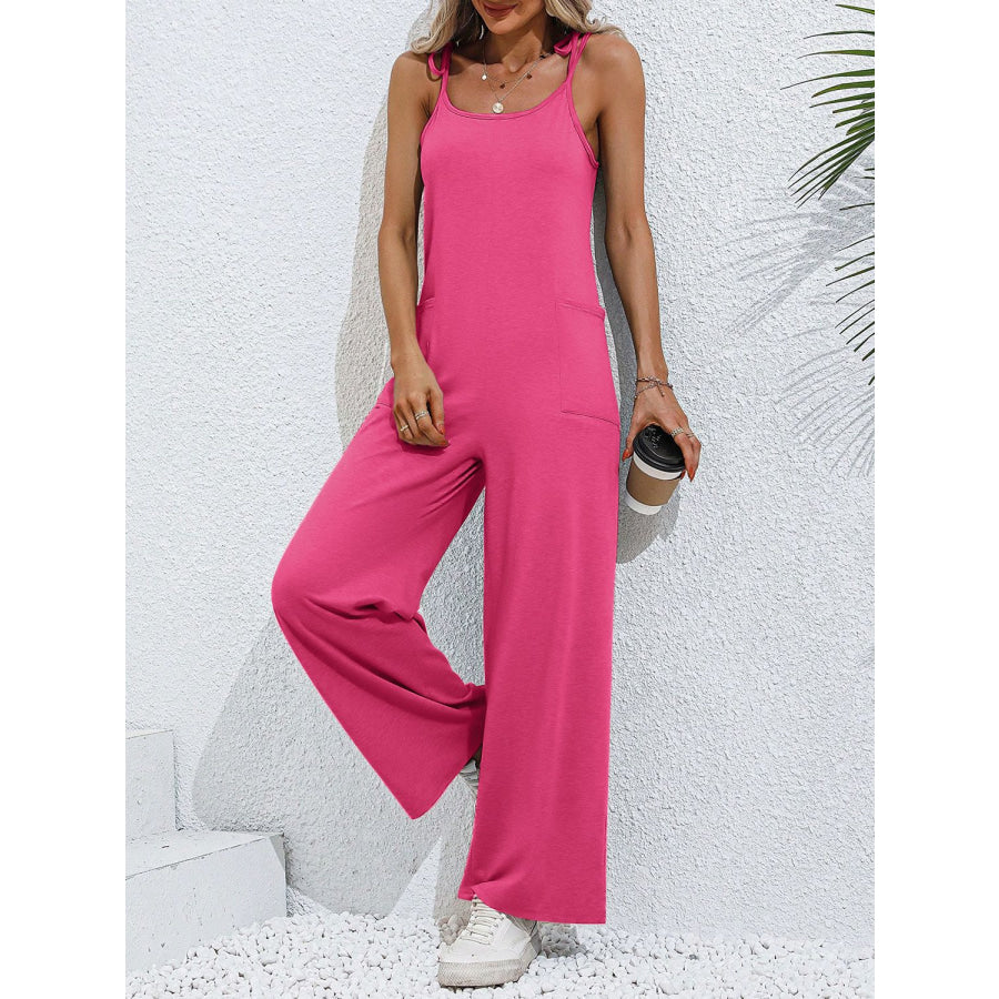 Scoop Neck Tie Shoulder Jumpsuit Hot Pink / S Apparel and Accessories