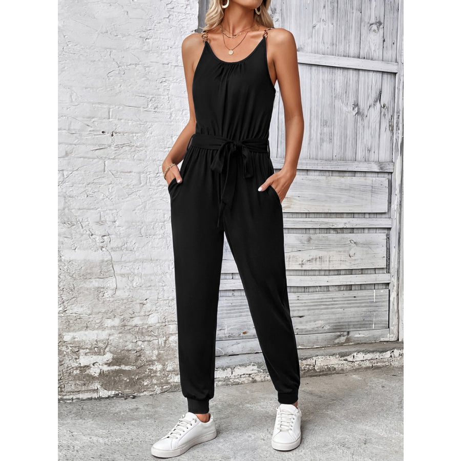 Scoop Neck Tie Waist Jumpsuit Apparel and Accessories