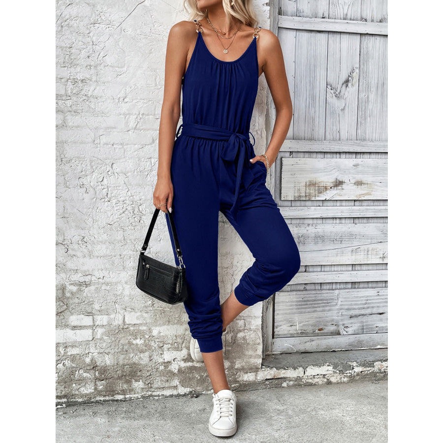 Scoop Neck Tie Waist Jumpsuit Apparel and Accessories