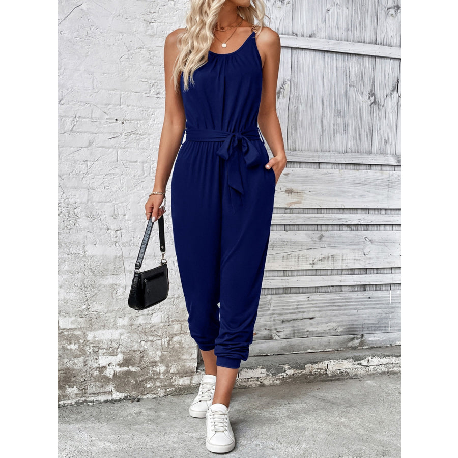 Scoop Neck Tie Waist Jumpsuit Apparel and Accessories