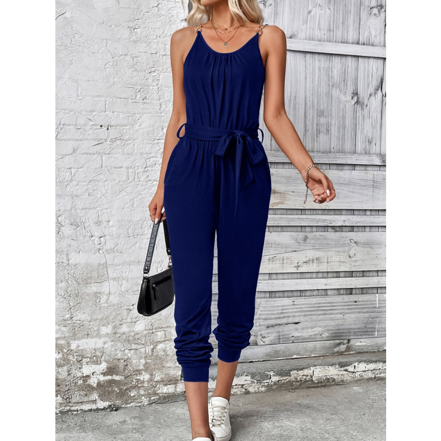 Scoop Neck Tie Waist Jumpsuit Apparel and Accessories