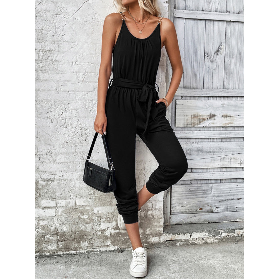 Scoop Neck Tie Waist Jumpsuit Apparel and Accessories