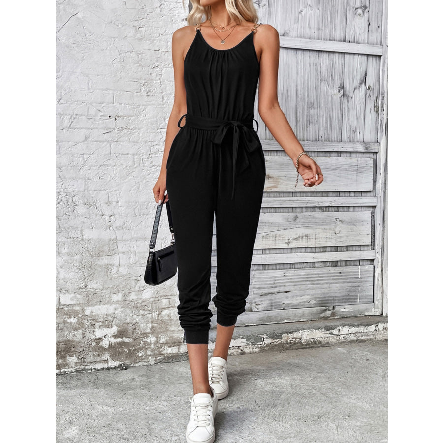 Scoop Neck Tie Waist Jumpsuit Apparel and Accessories