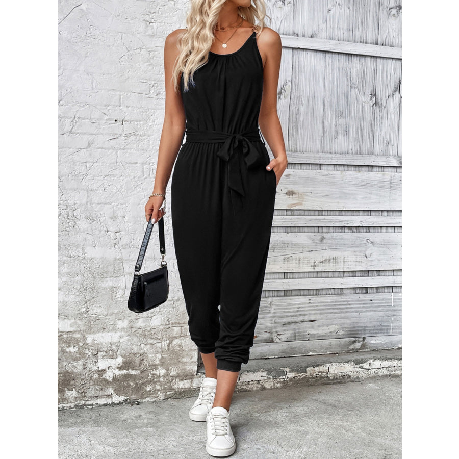 Scoop Neck Tie Waist Jumpsuit Black / S Apparel and Accessories