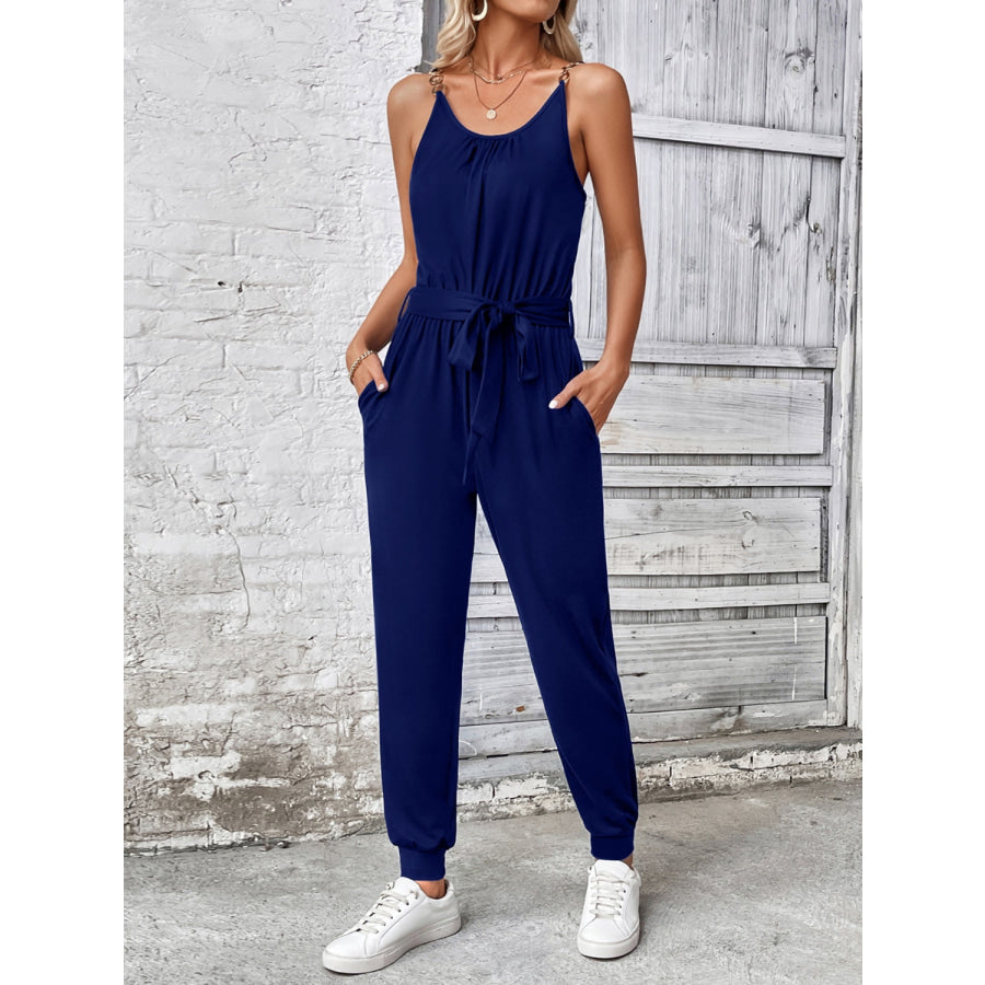 Scoop Neck Tie Waist Jumpsuit Cobalt Blue / S Apparel and Accessories