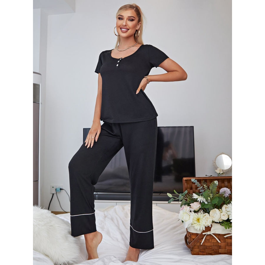 Scoop Neck Top and Elastic Waist Pants Lounge Set Black / S