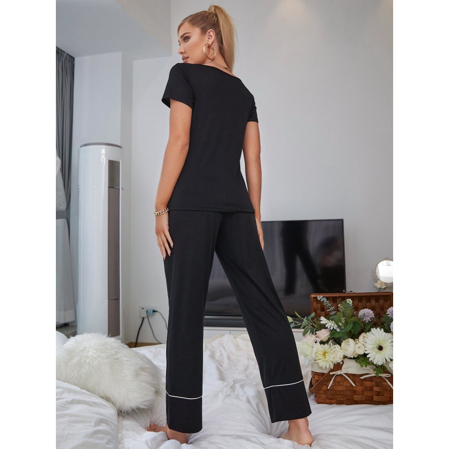 Scoop Neck Top and Elastic Waist Pants Lounge Set Black / S