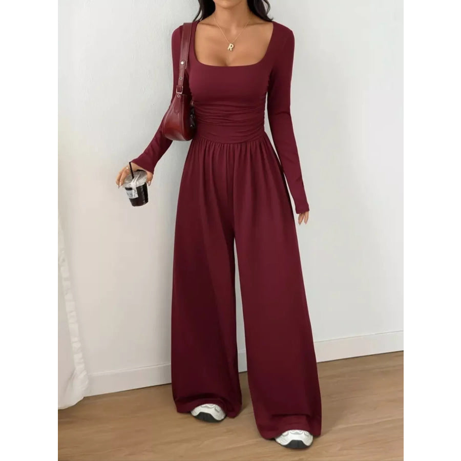 Scoop Neck Wide Leg Jumpsuit Burgundy / S Apparel and Accessories
