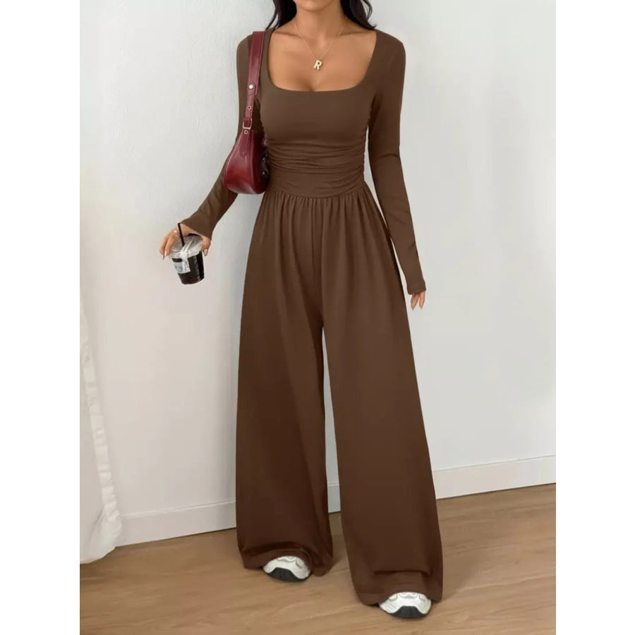 Scoop Neck Wide Leg Jumpsuit Dark Brown / S Apparel and Accessories