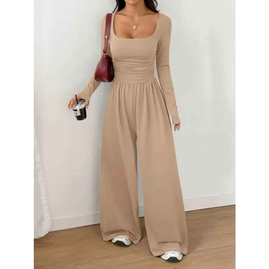 Scoop Neck Wide Leg Jumpsuit Khaki / S Apparel and Accessories