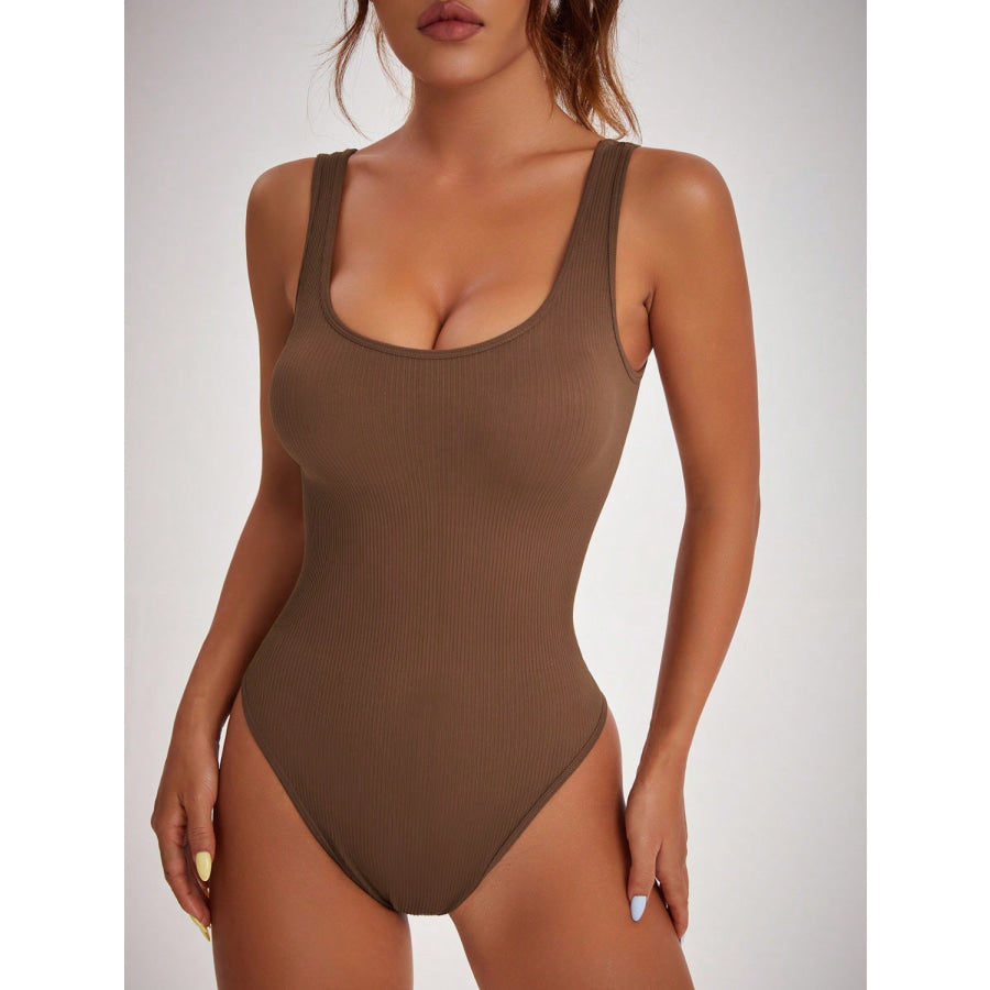 Scoop Neck Wide Strap Active Bodysuit Coffee Brown / S Apparel and Accessories