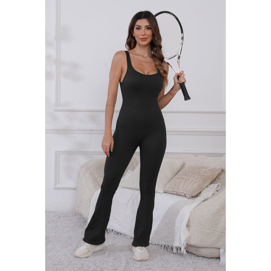 Scoop Neck Wide Strap Active Jumpsuit Black / S Apparel and Accessories