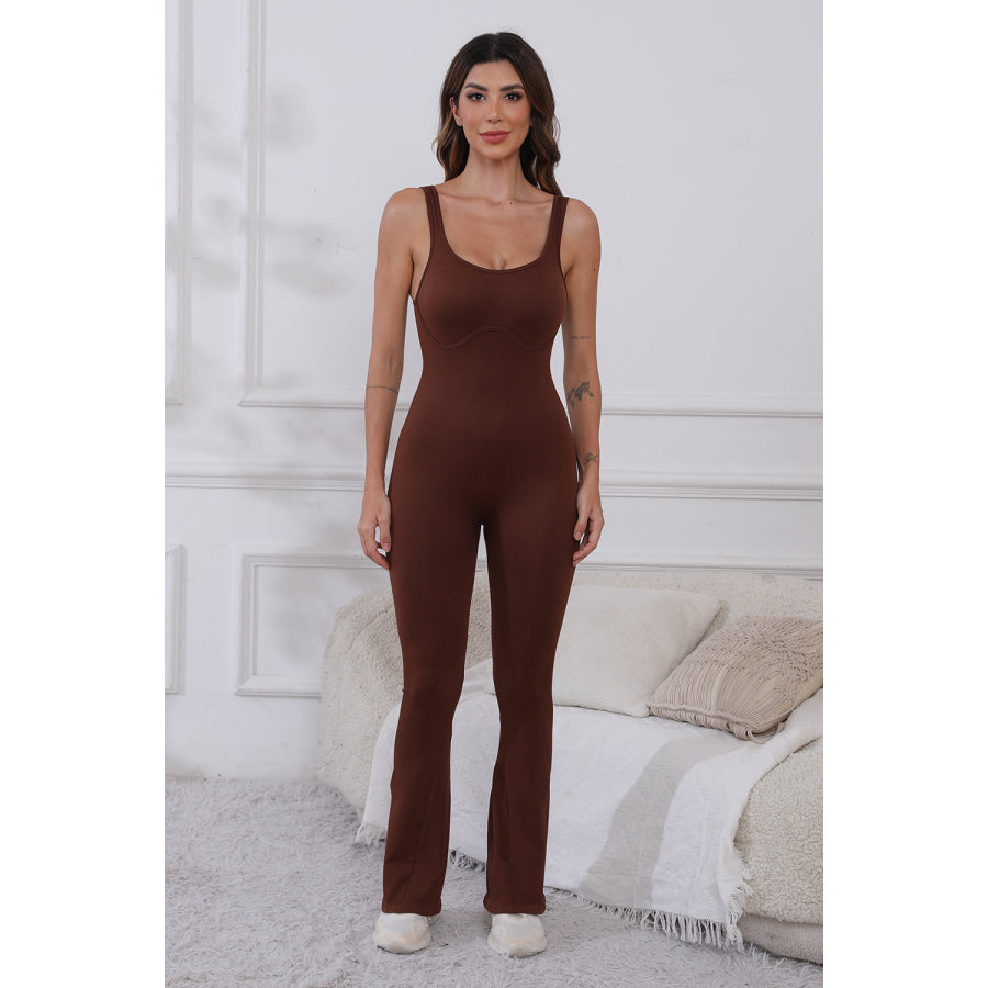 Scoop Neck Wide Strap Active Jumpsuit Brown / S Apparel and Accessories