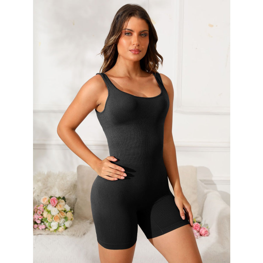 Scoop Neck Wide Strap Active Romper Black / S Apparel and Accessories