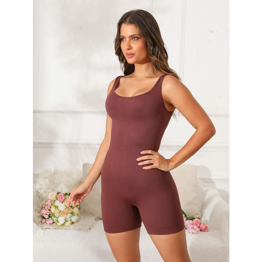 Scoop Neck Wide Strap Active Romper Dark Brown / S Apparel and Accessories
