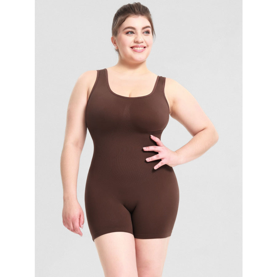 Scoop Neck Wide Strap Shaping Romper Brown / S Apparel and Accessories
