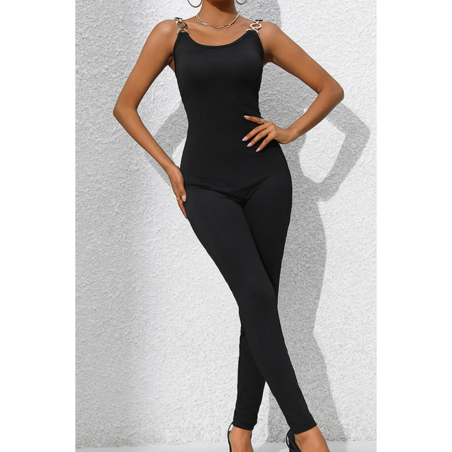 Scoop Neck Wide Strap Skinny Jumpsuit Black / S Apparel and Accessories