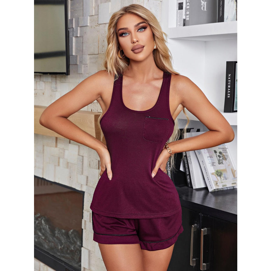 Scoop Neck Wide Strap Tank and Shorts Lounge Set Wine / S Apparel and Accessories