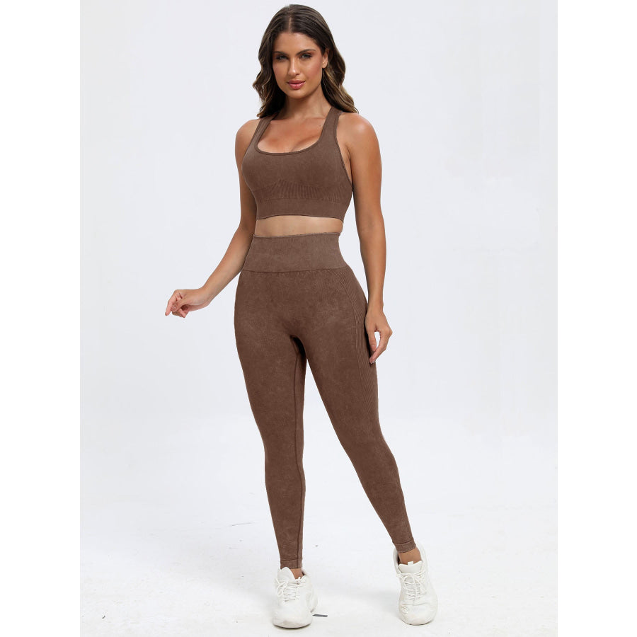Scoop Neck Wide Strap Top and Pants Active Set Dark Brown / S Apparel and Accessories