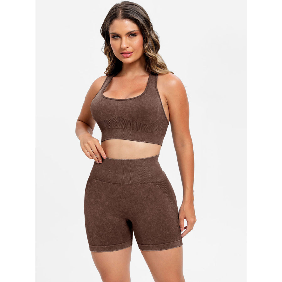 Scoop Neck Wide Strap Top and Shorts Active Set Dark Brown / S Apparel and Accessories