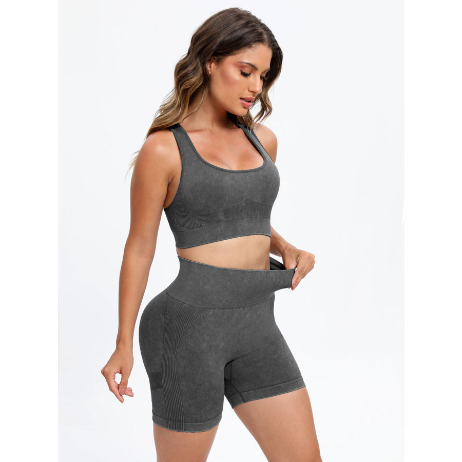 Scoop Neck Wide Strap Top and Shorts Active Set Dark Gray / S Apparel and Accessories