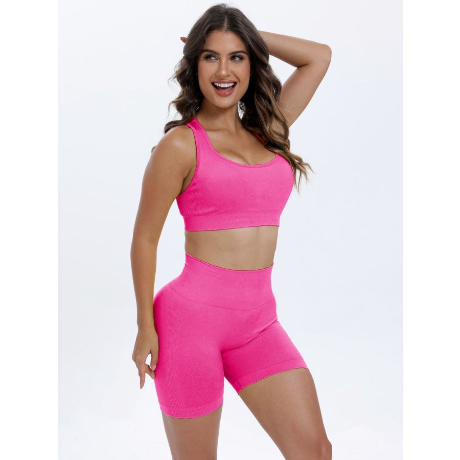 Scoop Neck Wide Strap Top and Shorts Active Set Hot Pink / S Apparel and Accessories