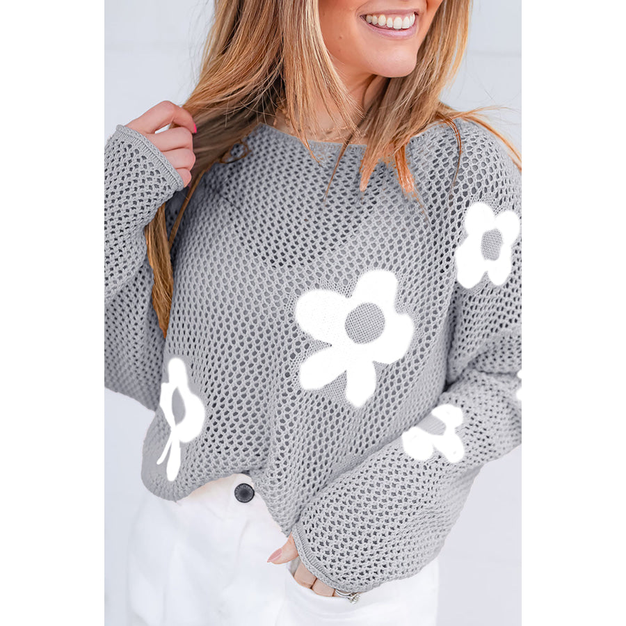 Sea Green Big Flower Hollowed Knit Drop Shoulder Sweater Sweaters & Cardigans/Sweaters