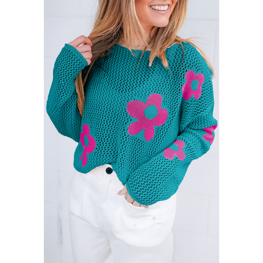 Sea Green Big Flower Hollowed Knit Drop Shoulder Sweater Sea Green / S / 55% Acrylic + 45% Cotton Sweaters & Cardigans/Sweaters