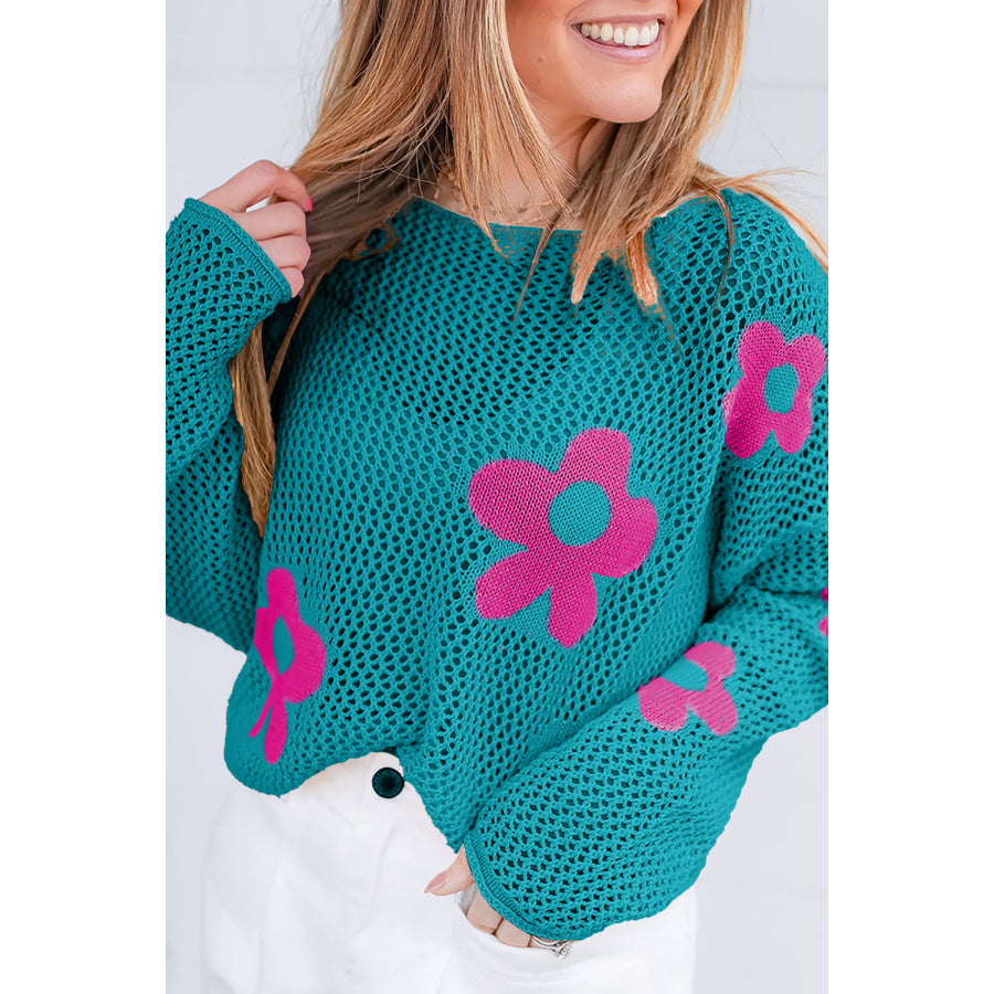 Sea Green Big Flower Hollowed Knit Drop Shoulder Sweater Sweaters & Cardigans/Sweaters